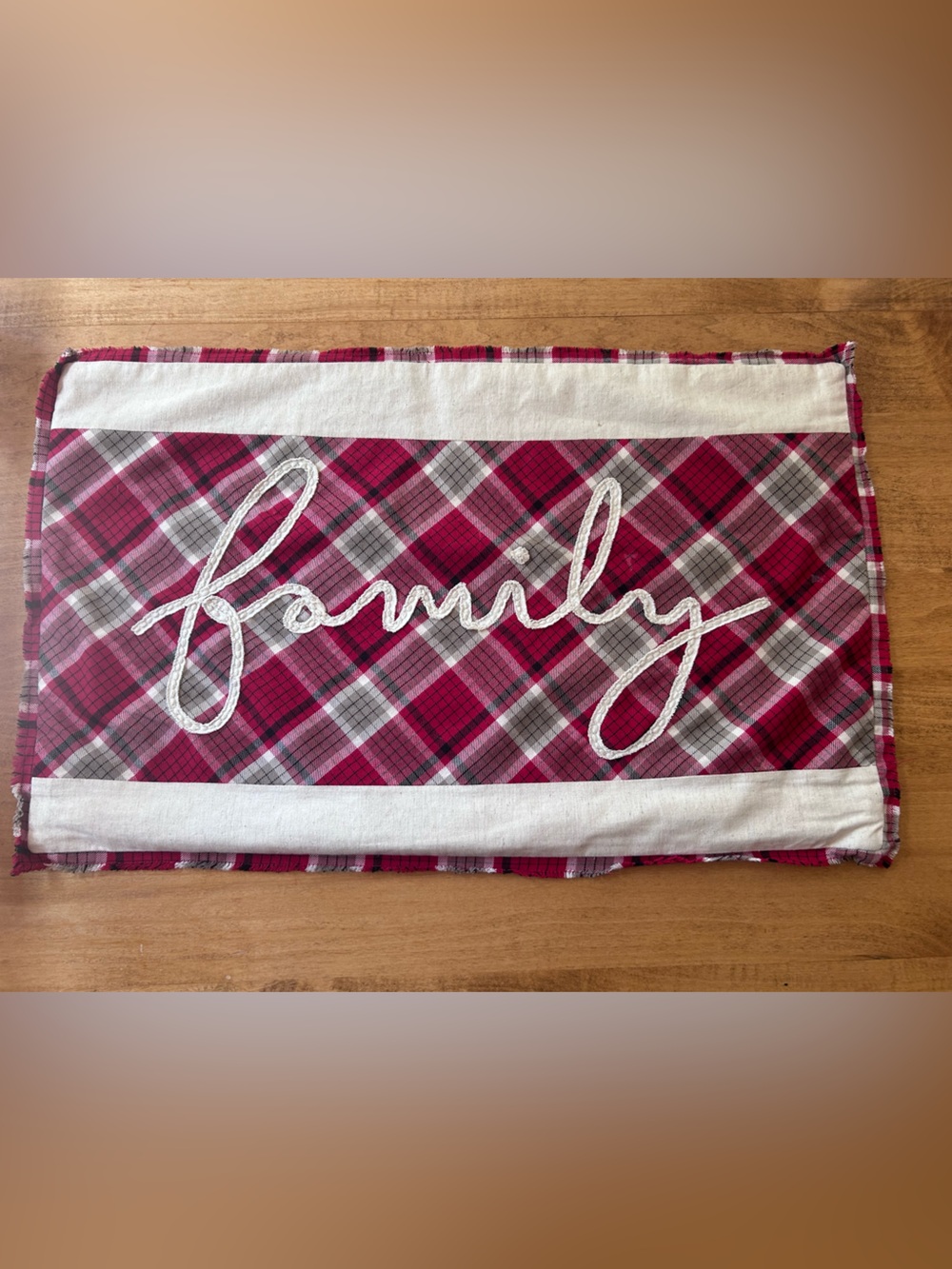Pottery Barn “Family” Red, Taupe, Off-White Plaid  Pillow Cover w/Zipper Closure